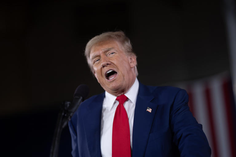 Former U.S. President Donald Trump speaks at a campaign rally on May 01, 2024 in Waukesha, Wisconsin. Trump has called for Special Counsel Jack Smith to be arrested over apparent tampering of evidence in classified documents case.